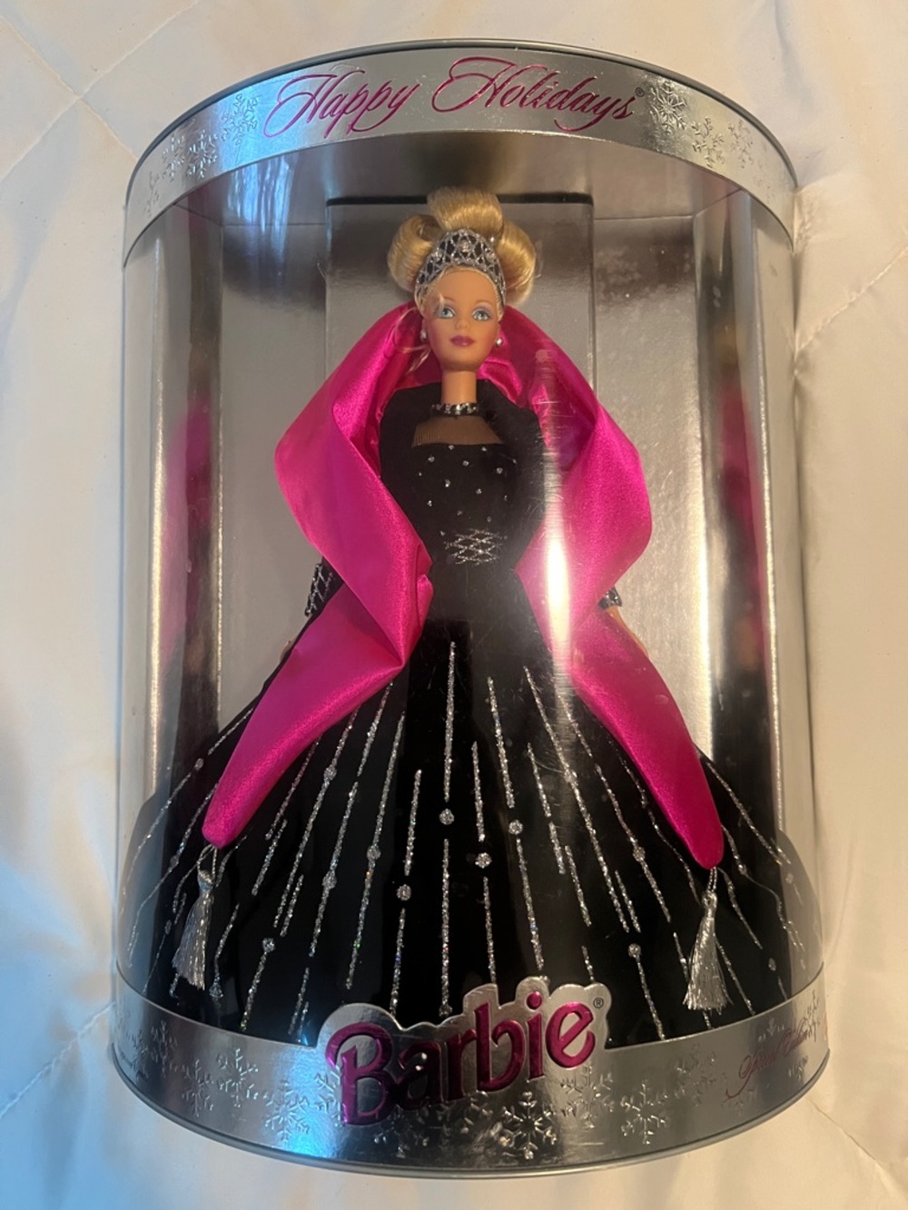 1998 Barbie Black Gown with Hot Pink Satin Wrap - Holiday Edition